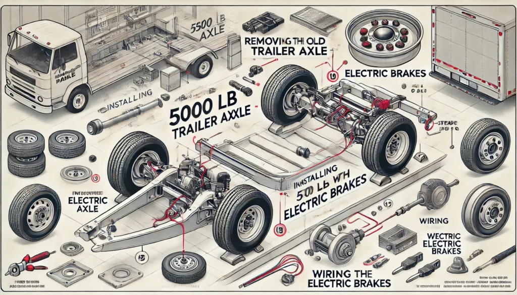 An illustration of installing a 5000 lb trailer axle with electric brakes, showing key components like the axle, U-bolts, and brake wiring.
