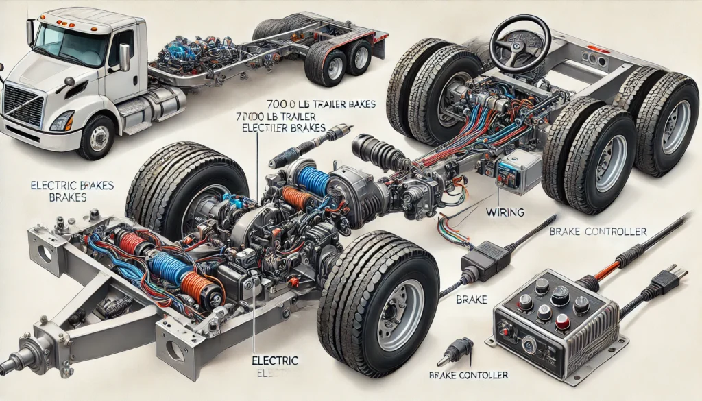 7000 lb trailer axle with electric brakes installed on a trailer, showing the brake assembly and connection to the brake controller inside the towing vehicle.