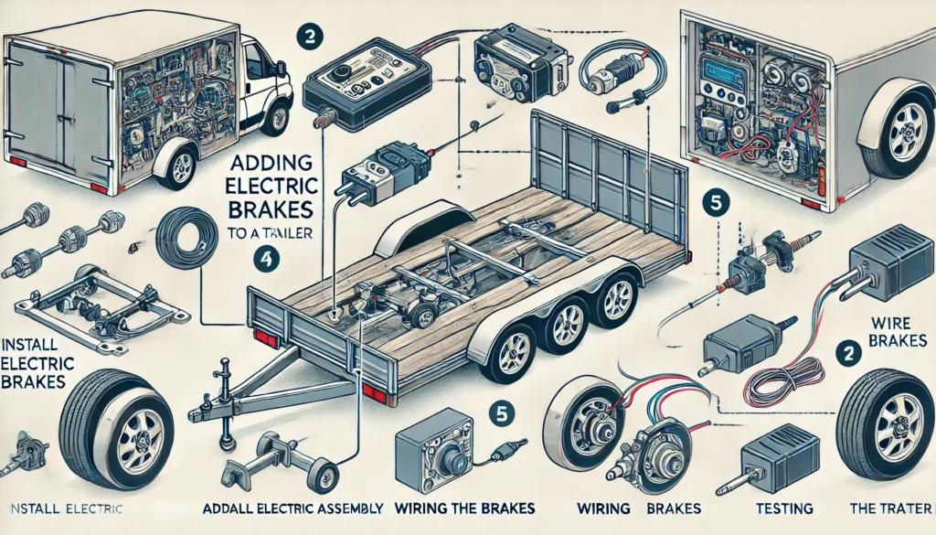 An illustration of adding electric brakes to a trailer, showing the installation and wiring process.