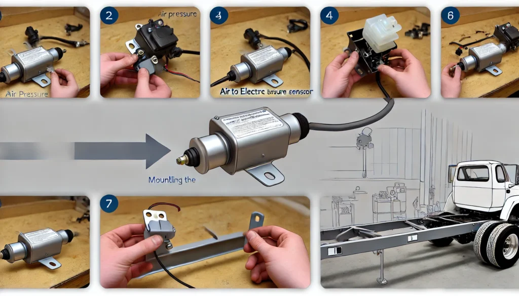 An illustration of installing an air to electric trailer brake controller, showing the air pressure sensor, controller, and wiring.