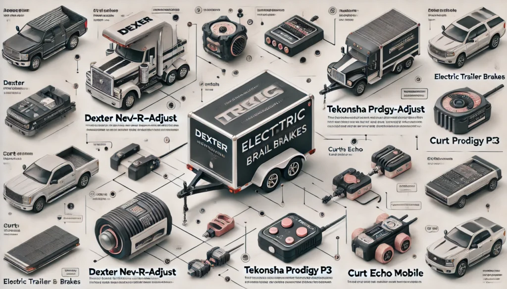 A comparison of the best electric trailer brakes, including Dexter Nev-R-Adjust, Tekonsha Prodigy P3, and CURT Echo Mobile controllers.