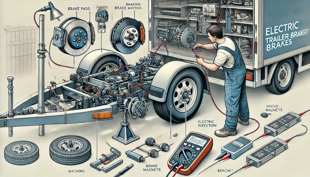 A detailed illustration of checking electric trailer brakes, showing the inspection of brake pads, wiring, and magnets.