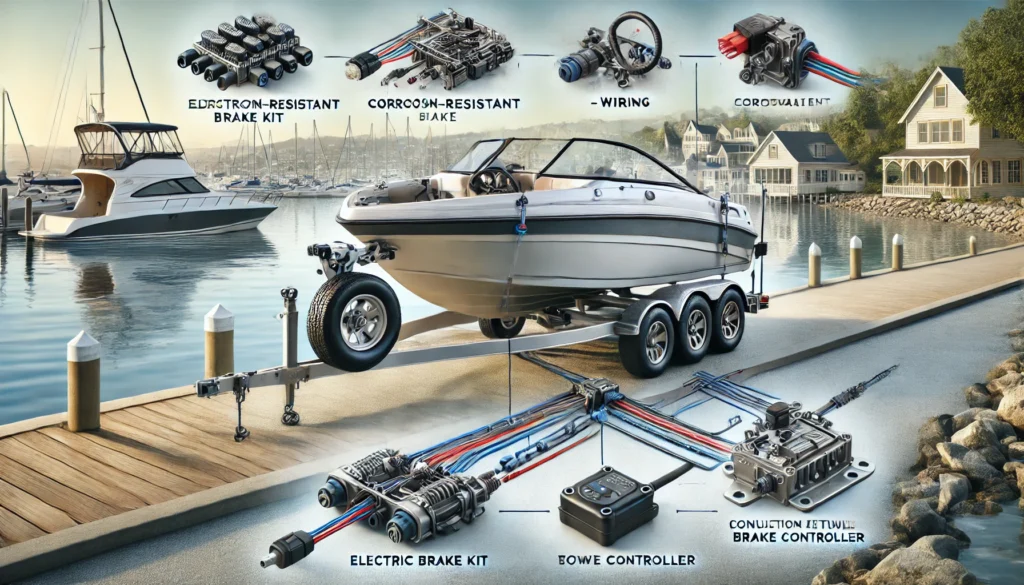 Electric brake kit installed on a boat trailer, showing corrosion-resistant components and wiring with a marina backdrop.