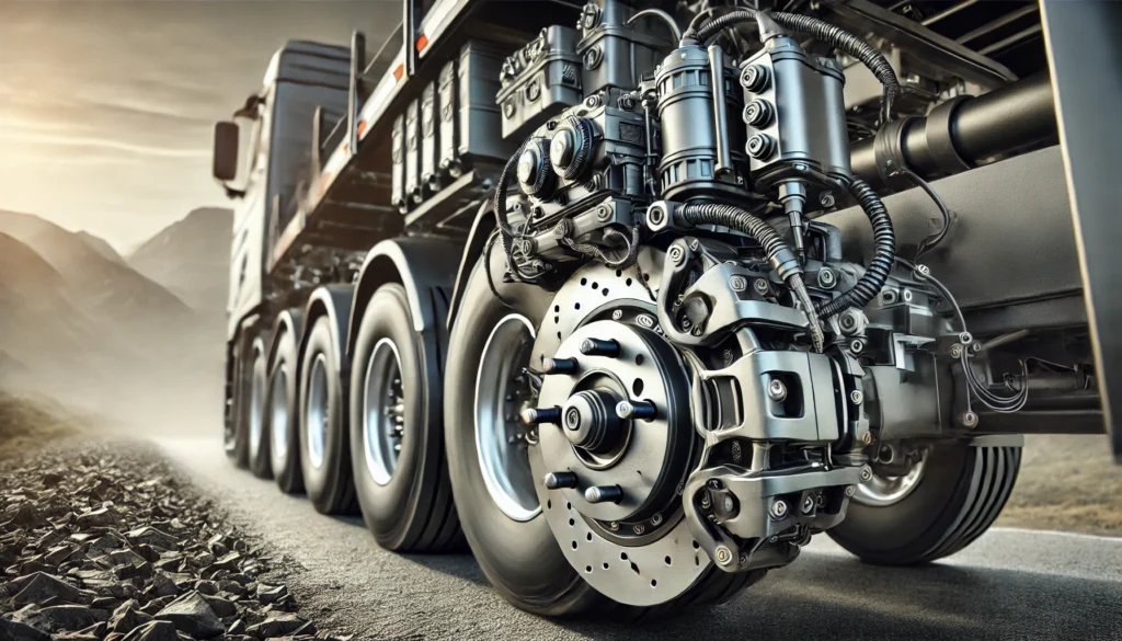 Electric disc brake system installed on a trailer, showcasing calipers, rotors, and electric connections.
