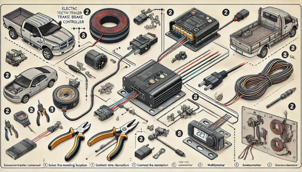 A step-by-step illustration of installing an electric trailer brake controller, showing the mounting, wiring, and testing process.