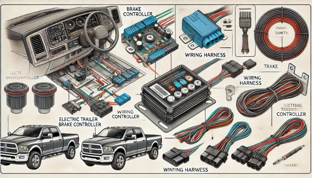 An image displaying the components of an electric trailer brake controller kit, including the brake controller, wiring harness, and mounting hardware, with a visual guide to installation.