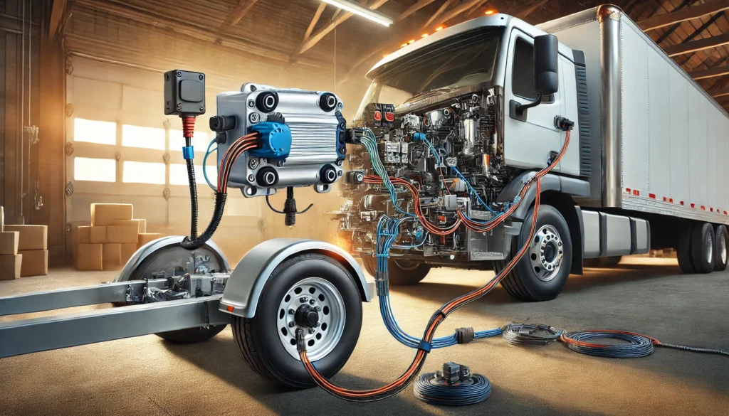 A truck connected to a trailer with an electric trailer brake kit, highlighting the brake assembly and wiring.