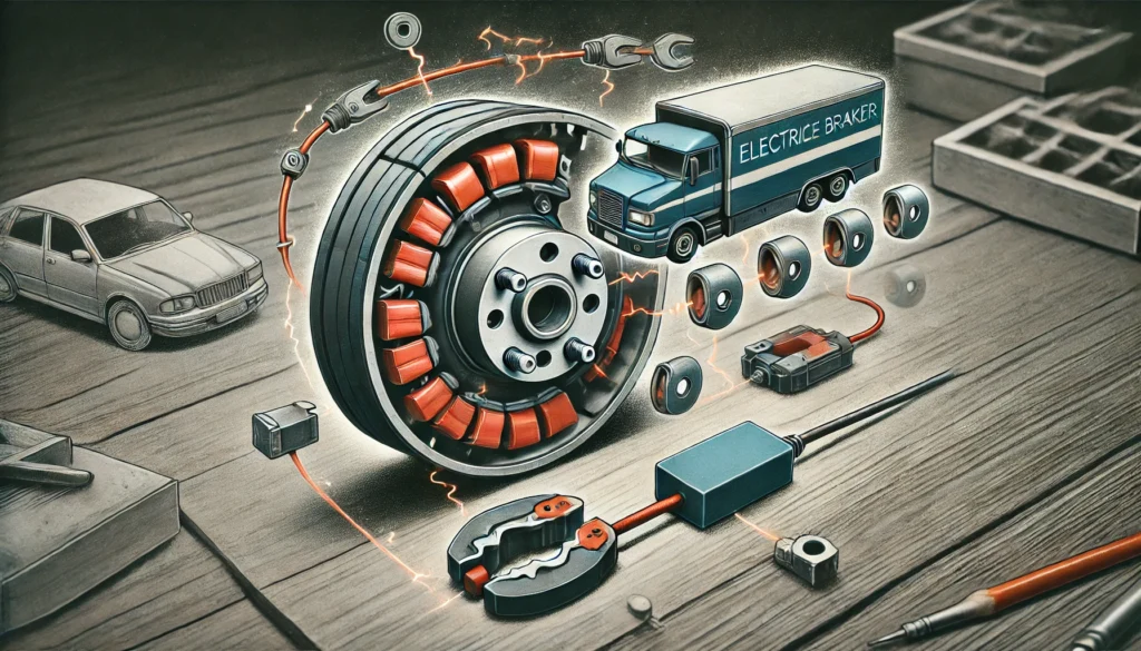 Illustration of an electric trailer brake magnet in action, showing its interaction with the brake drum and shoes in a workshop setting.