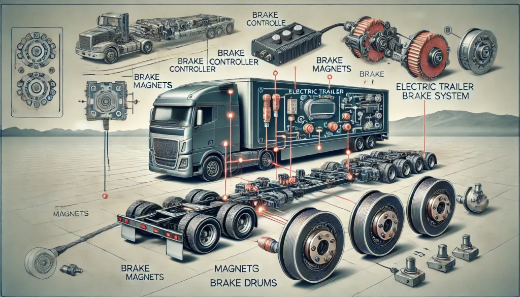 A detailed diagram of an electric trailer brake system showing the brake controller, brake magnets, and brake drums connected to a trailer.