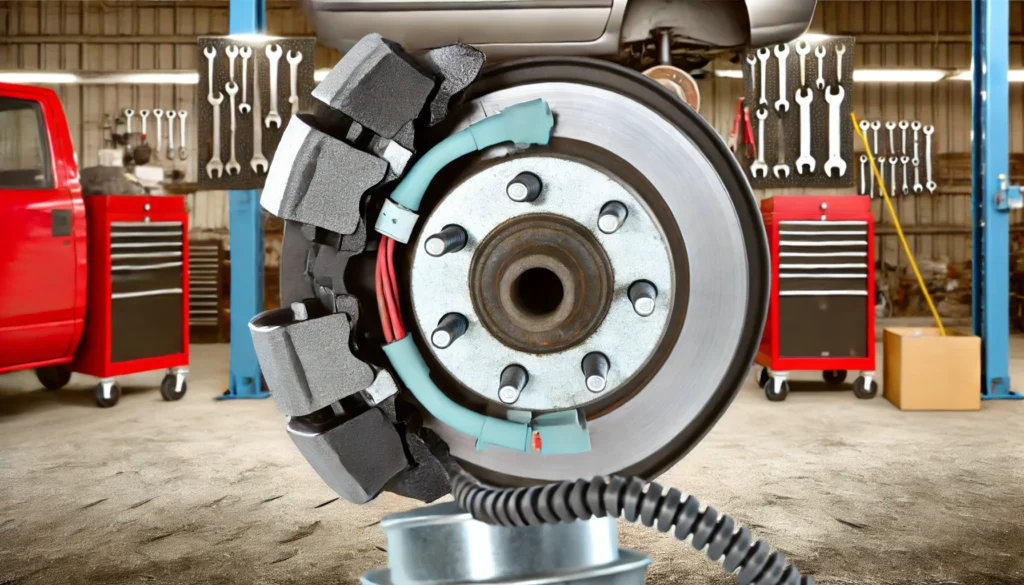 Electric trailer brake assembly showing the drum and brake shoes in a workshop setting.