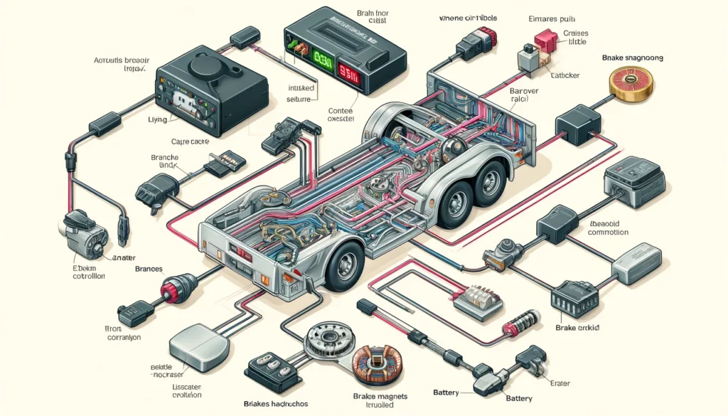 A detailed diagram of an electric trailer brakes system, showing the brake controller, wiring harness, brake magnets, and battery with labeled connections.