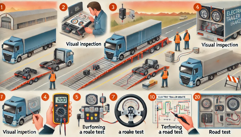 An illustration showing the steps to test electric trailer brakes, including visual inspection, brake controller testing, road testing, and multimeter testing.
