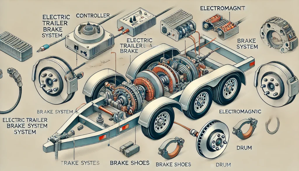 An illustration of how electric trailer brakes work, showing the brake controller, electromagnet, brake shoes, and drum in action.