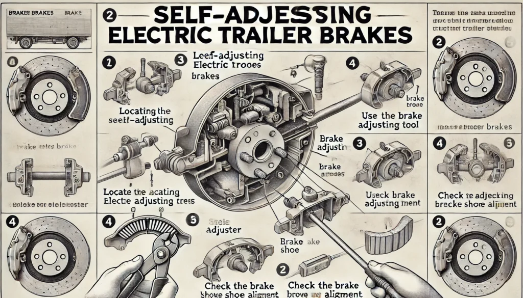 An illustration showing the process of adjusting self-adjusting electric trailer brakes, highlighting the brake adjuster mechanism and other key components.