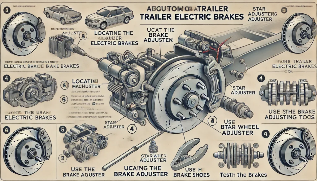 An illustration showing how to adjust trailer electric brakes, featuring the brake assembly, star wheel adjuster, and brake shoes.