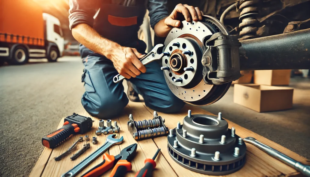 Person replacing an electric brake assembly on a trailer, showcasing the brake drum and tools in a detailed view.