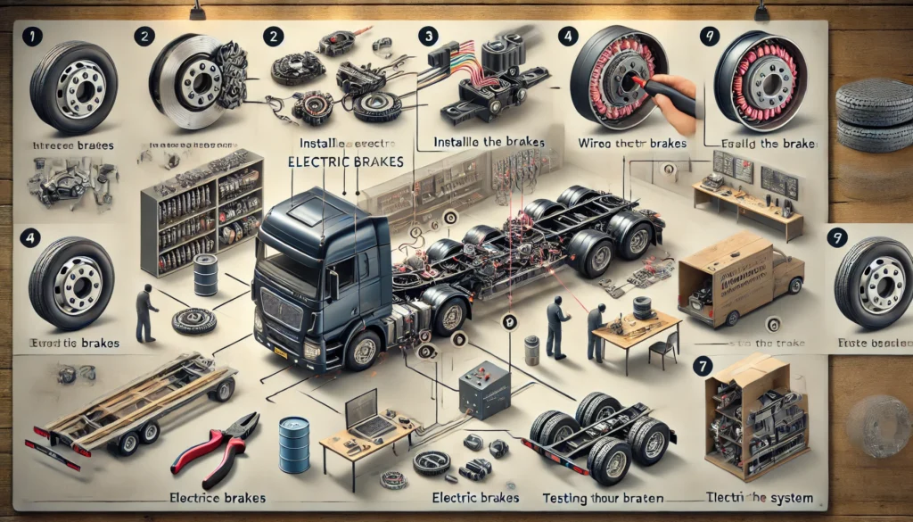 A detailed illustration showing the installation process of electric trailer brakes, including brake assembly installation, wiring, and testing.