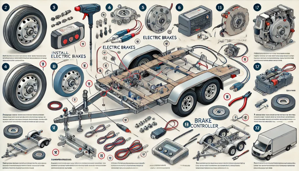 A step-by-step guide image illustrating how to install electric brakes on a trailer, showing the brake assembly, wiring connections, and brake controller installation.