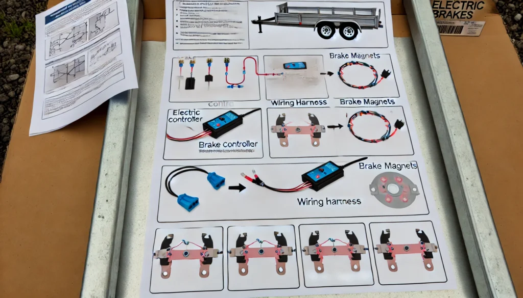 An instructional image demonstrating how to test electric brakes on a trailer, including checking the brake controller, wiring, and brake magnets.
