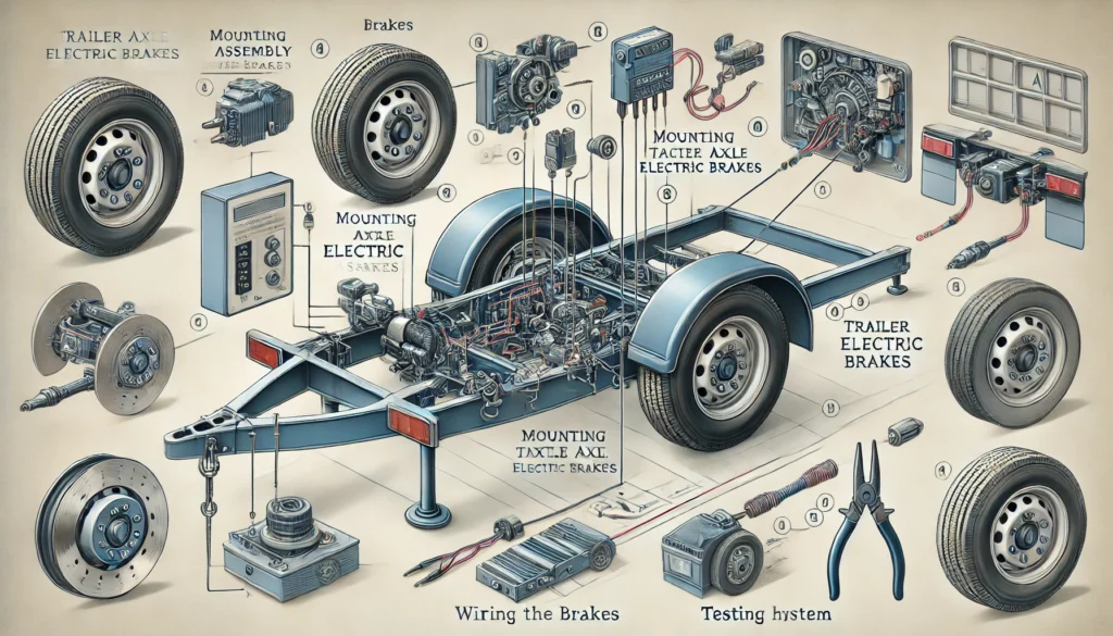 An illustration of the installation process for trailer axle electric brakes, showing brake assembly mounting, wiring, and testing steps.
