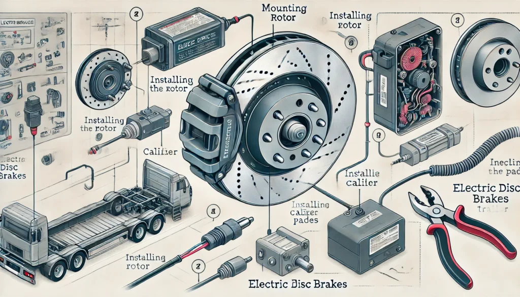 An illustration of the installation process for trailer disc brakes electric, showing key components like the rotor, caliper, and wiring.
