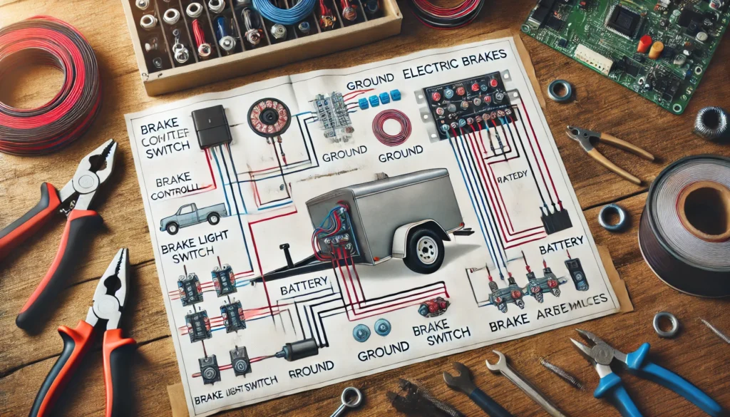 Wiring diagram for a trailer with electric brakes, showing connections between the brake controller, battery, ground, and brake assemblies.