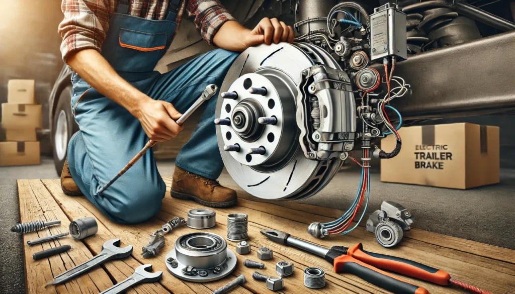 A person installing a 10" electric trailer brake assembly on a trailer axle with the brake drum and wiring visible.