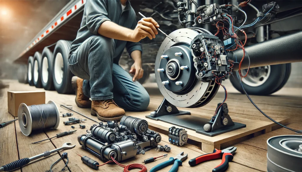 A person installing a 10" electric trailer brake assembly, showing the brake drum, shoes, and wiring connections.