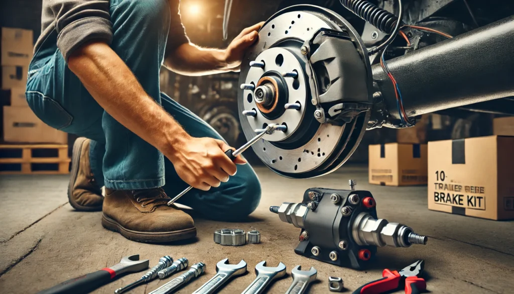 A person installing a 10 inch electric trailer brake kit with the brake assembly and drum visible.