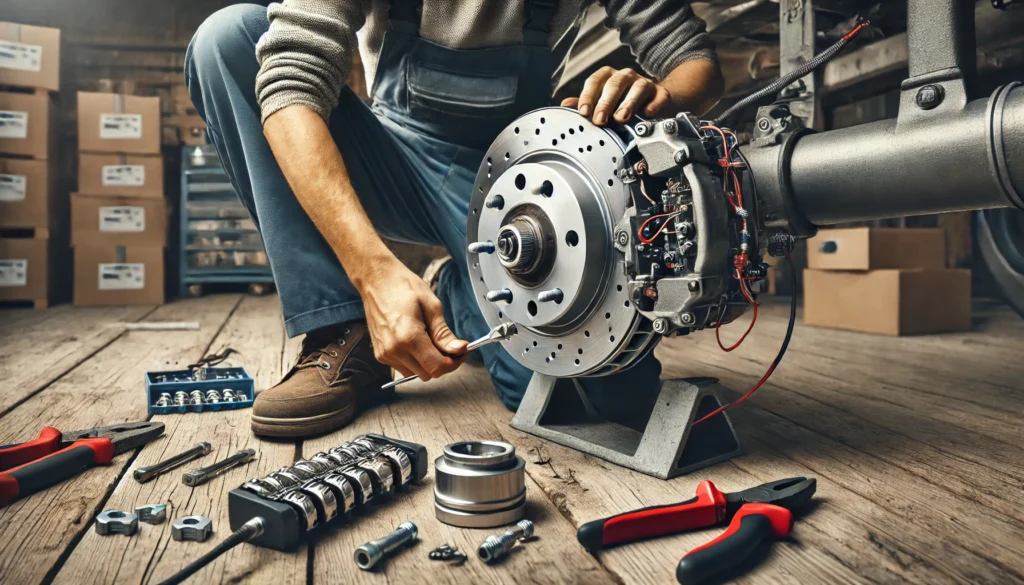 A person installing a 10 inch electric trailer brake assembly, with the brake drum, shoes, and wiring visible.