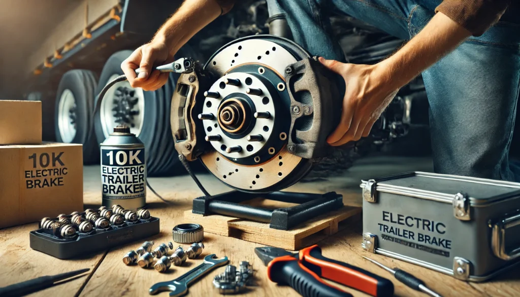 A person installing a 10K electric trailer brake assembly on a heavy-duty trailer axle.