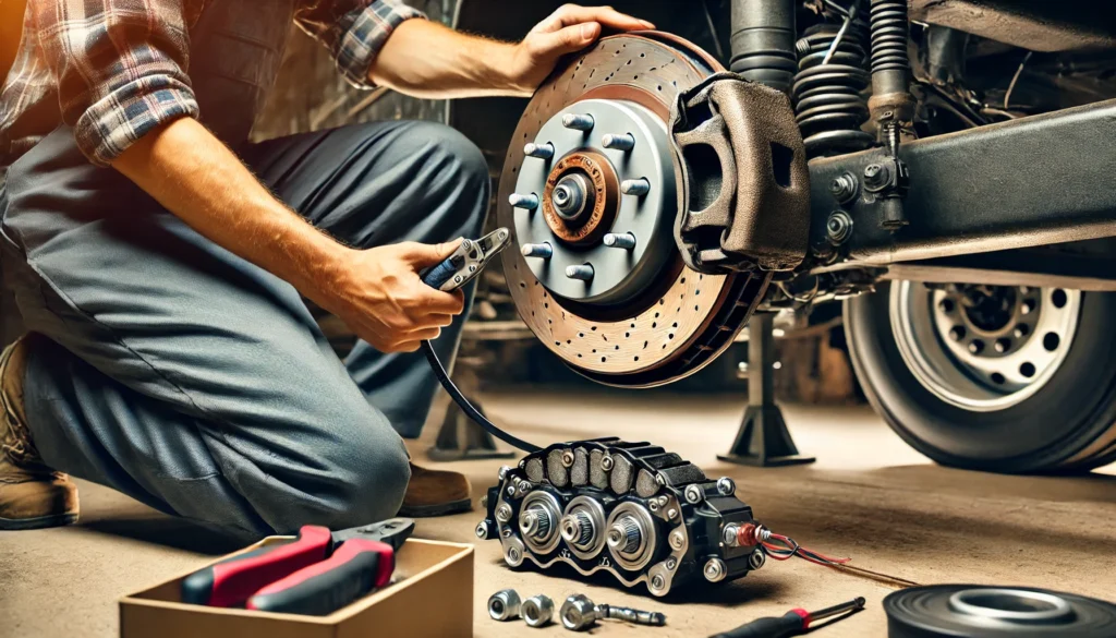 A person installing a 12" electric trailer brake assembly on a heavy-duty trailer axle.