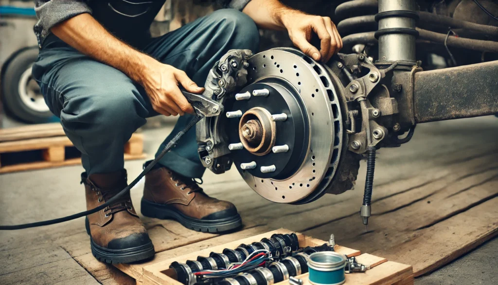 A person installing a 12" electric trailer brake assembly on a heavy-duty trailer axle.
