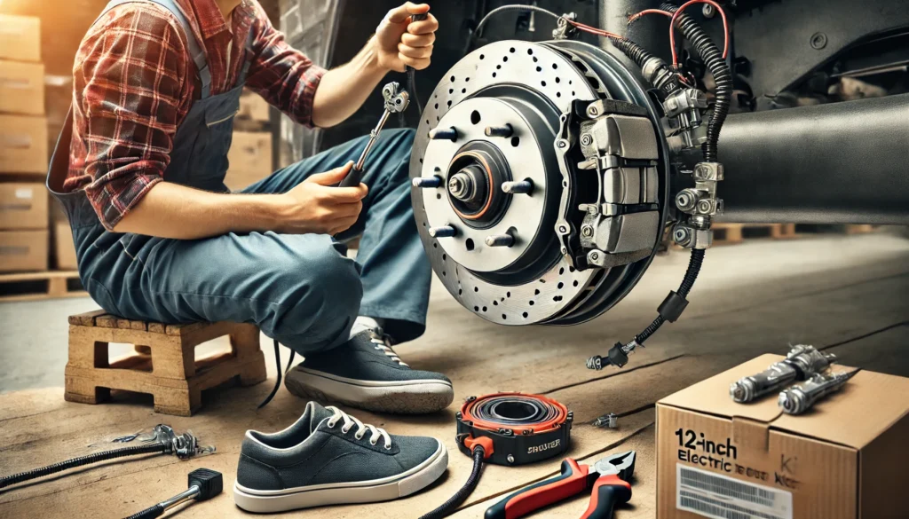 A person installing a 12 inch electric trailer brake kit on a large trailer axle.