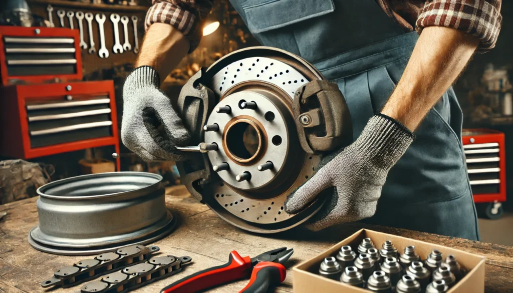 A person installing 12 inch electric trailer brake shoes within a brake assembly on a heavy-duty trailer.