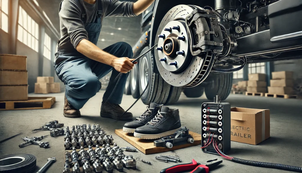 A person installing 12 inch electric trailer brakes on a heavy-duty trailer axle.