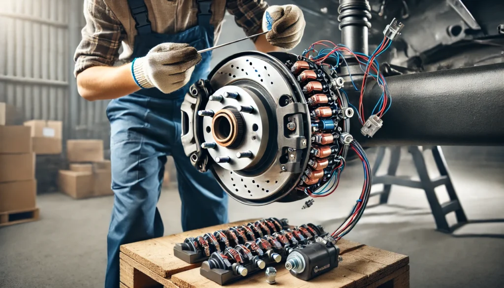 A person installing a 12 x 2 electric trailer brake assembly on a heavy-duty trailer axle.