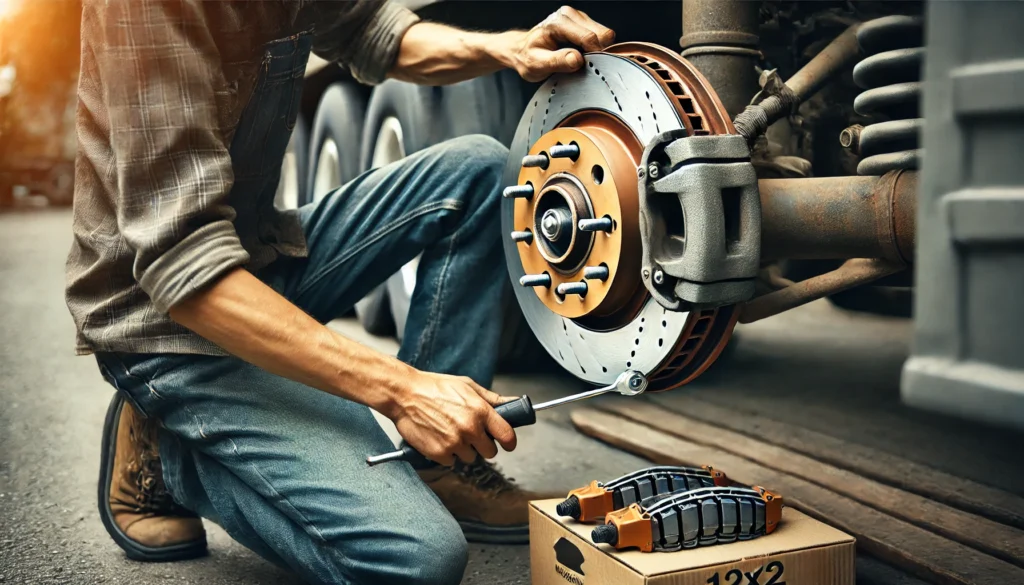 A person installing 12x2 electric trailer brake shoes within a brake assembly on a heavy-duty trailer.