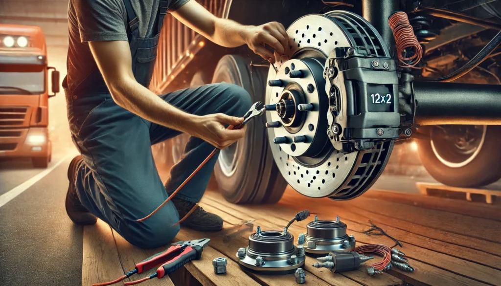 A person installing 12x2 electric trailer brakes on a heavy-duty trailer axle.