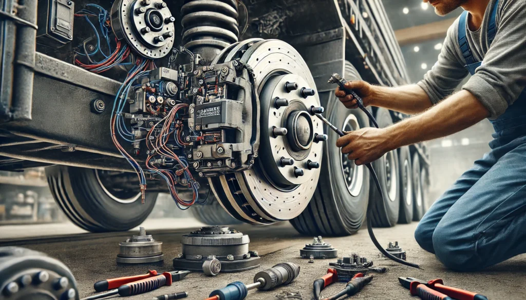 A person installing electric brakes on a 15-ton trailer axle, focusing on the brake drums and wiring connections.