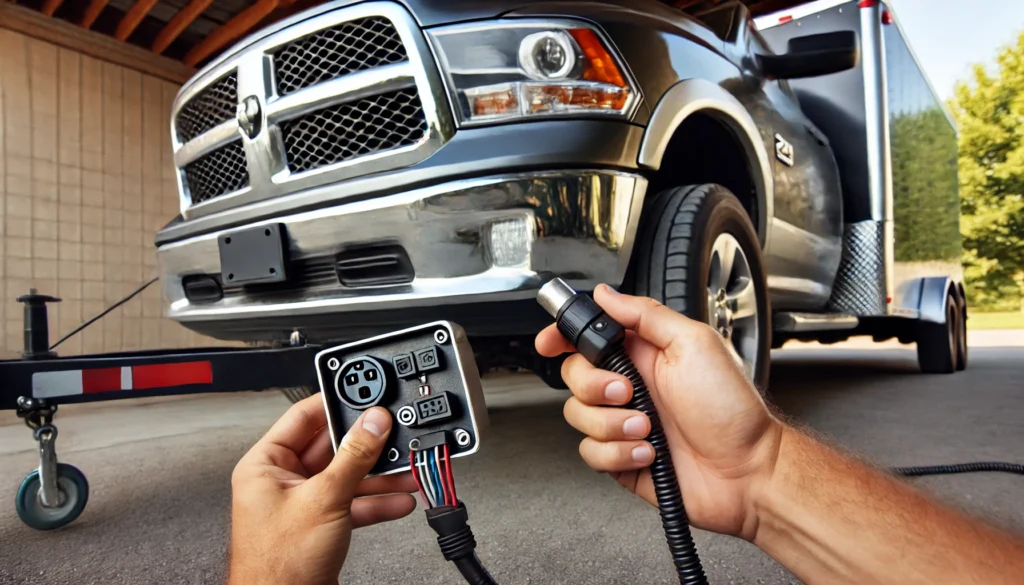 A person inspecting the trailer wiring connection on a 2012 Dodge Ram, focusing on the electrical plug and socket.