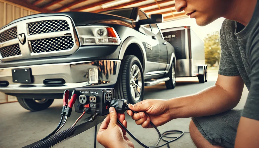 A person inspecting the trailer brake wiring connection on a 2012 Ram 1500, focusing on the electrical plug and socket.