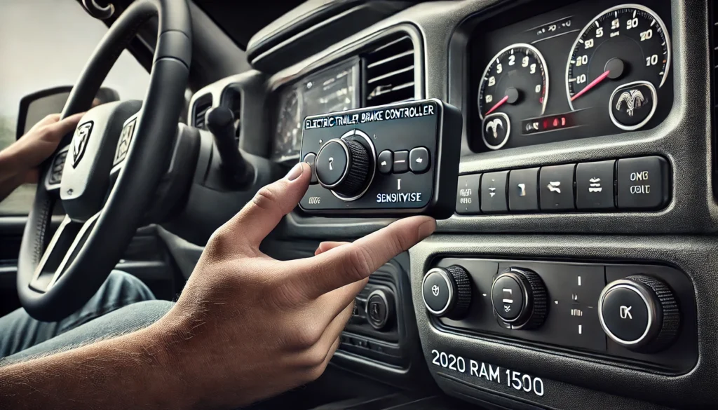 A person adjusting the electric trailer brake controller on the dashboard of a 2020 Ram 1500.