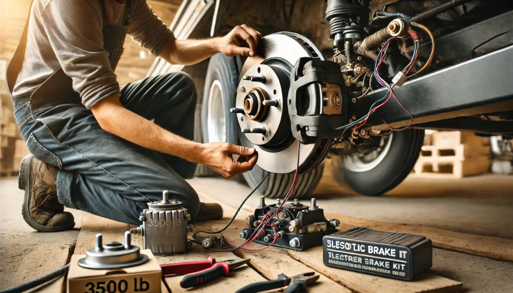 A person installing a 3500 lb electric trailer brake kit on a trailer axle, focusing on the brake assembly and wiring.