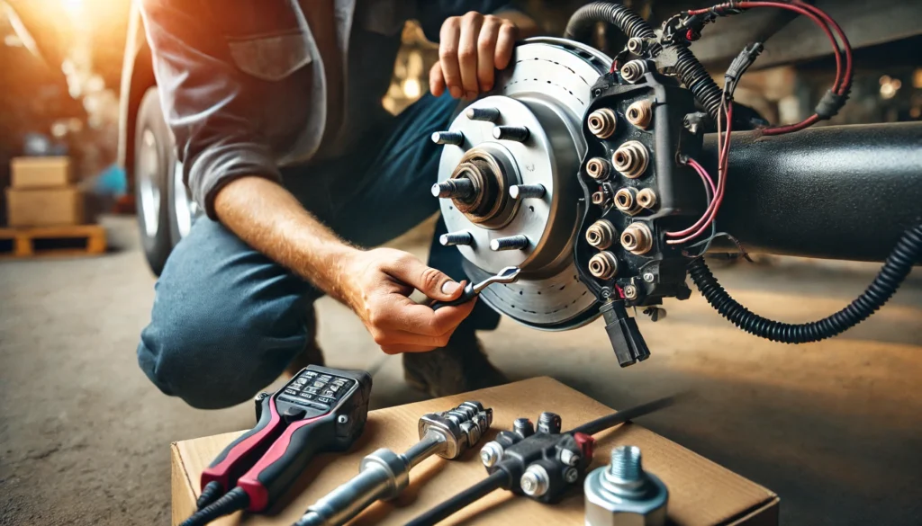 A person installing a 6-lug electric trailer brake kit on a trailer axle, focusing on the brake assembly and 6-lug brake drum.