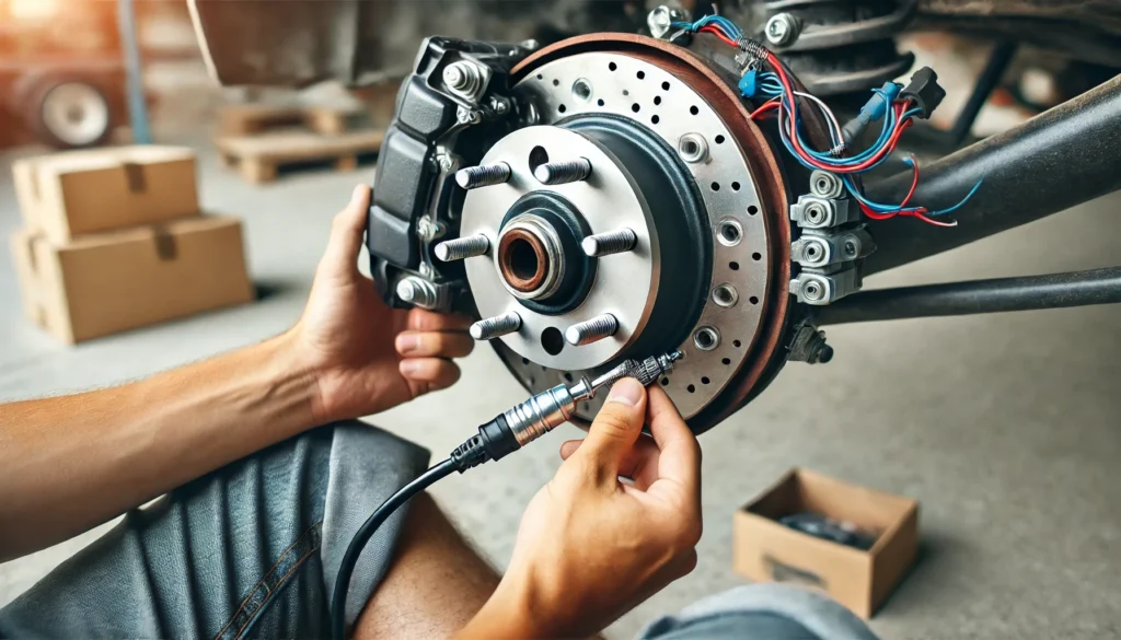 A person installing a 6-lug electric trailer brake assembly, focusing on the brake drum and wiring connections.