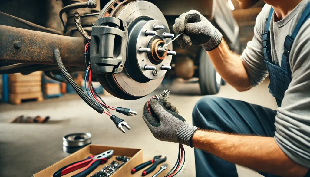 A person installing a 7-lug electric trailer brake assembly, focusing on the brake drum and wiring connections.