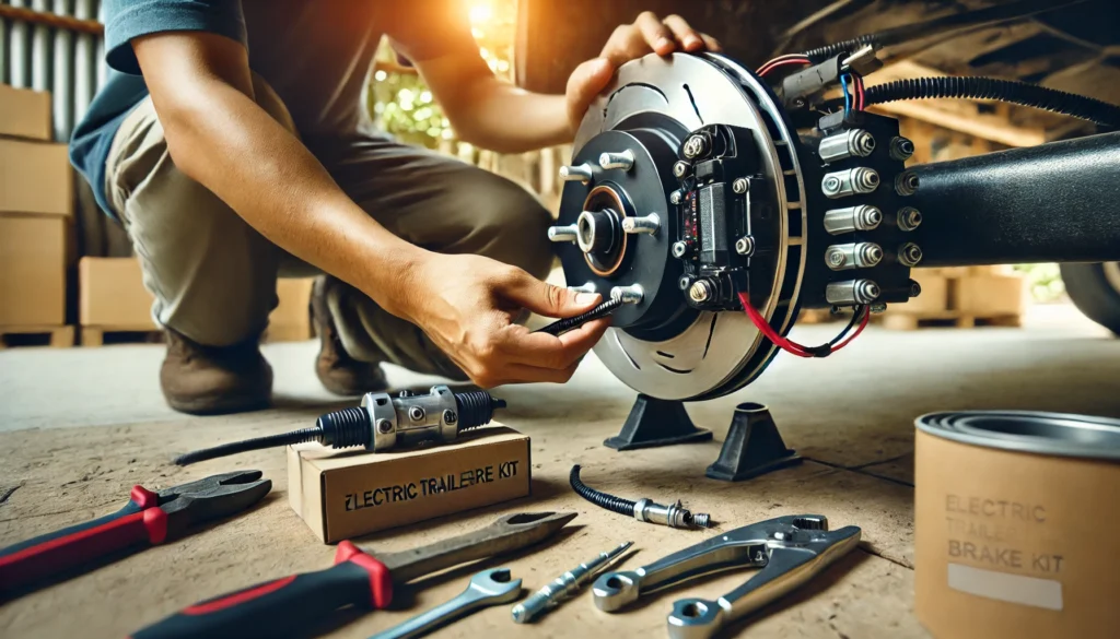 A person installing a 7 inch electric trailer brake kit on a trailer axle, focusing on the brake assembly and wiring connections.
