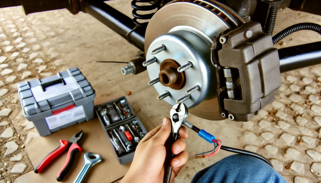A person installing a 7 inch electric trailer brake assembly on a trailer axle, focusing on the brake drum and wiring connections.