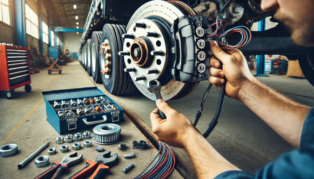 A person installing an 8 lug electric trailer brake assembly on a large trailer axle, focusing on the brake drum and wiring connections.